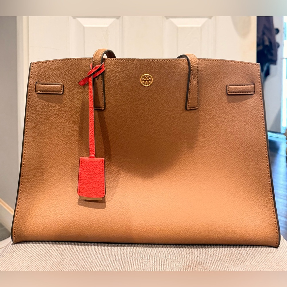 Tory Burch Walker Satchel Brown Leather Tote, Orange Interior & Accent Tag